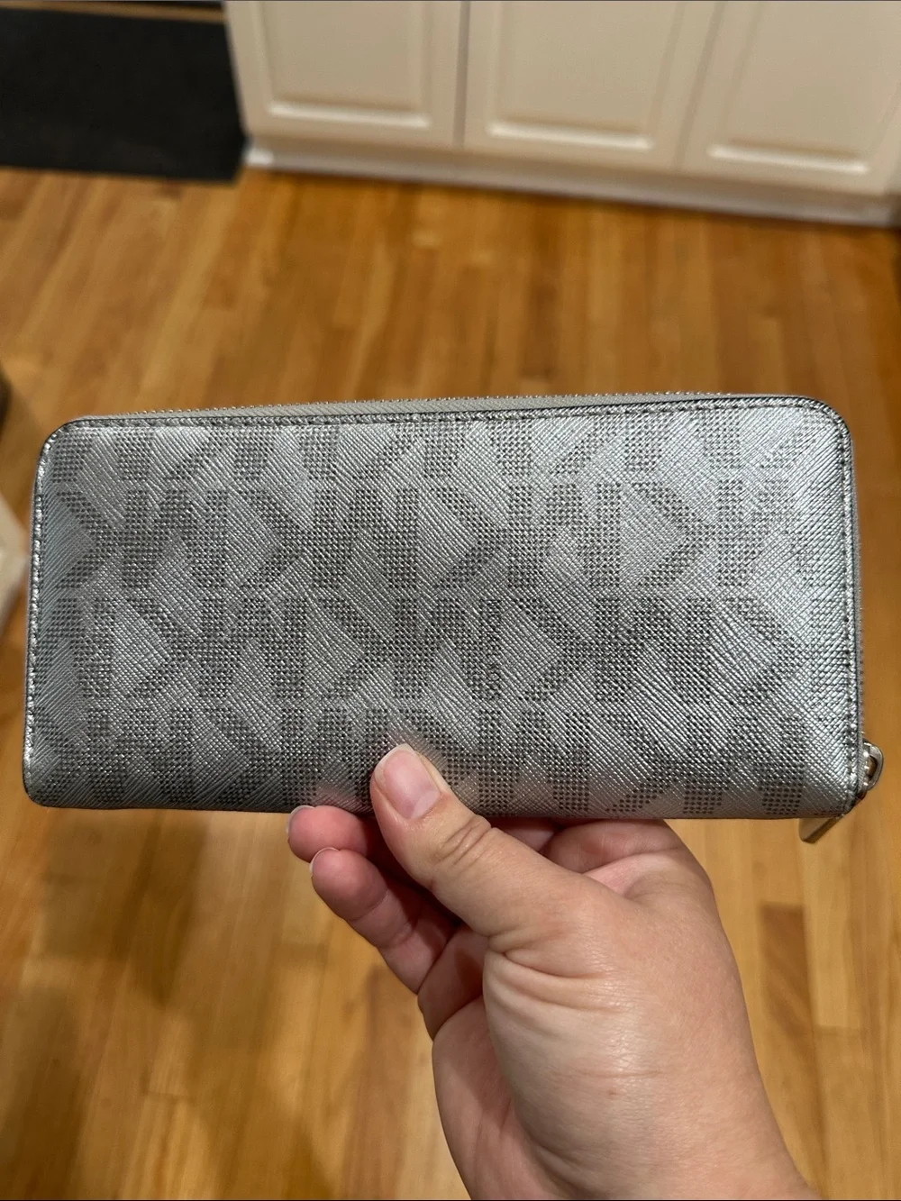 Michael Kors Silver Metallic MK Logo Zip Wallet